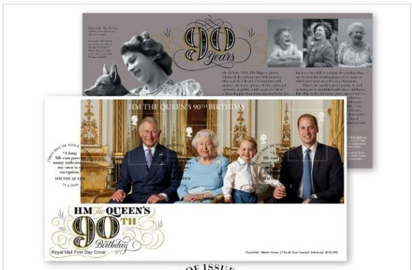 영국 엘리자베스 2세 여왕 90세 생일 기념 우표.  엘리자베스 2세 여왕의 90세 생일을 기념해 발행하는 우표에는 엘리자베스 여왕이 아들인 찰스 왕세자, 손자 윌리엄 왕세손, 증손자 조지 왕자 등 3명의 왕위 계승자들과 함께 찍은 사진이 포함됐다. 영국우정공사 홈페이지 캡처