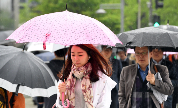 출근길 이어지는 우산 행렬