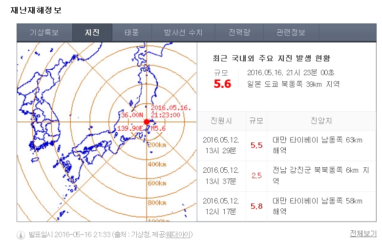 일본 간토 지역에 규모 5.6 강진 발생. 출처=네이버 화면 캡처