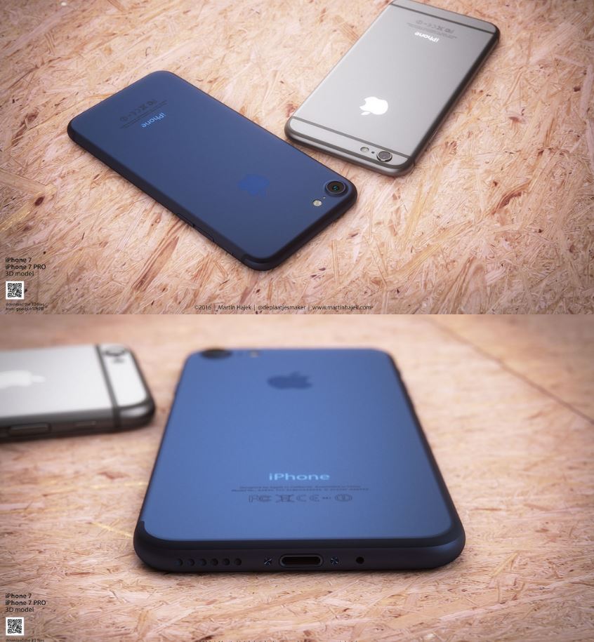 오는 9월 출시 예정으로 알려진 아이폰7와 아이폰7프로(가칭)에 ‘딥블루’ 색상이 입혀진 콘셉트 이미지. 사진=Martin Hajek 홈페이지