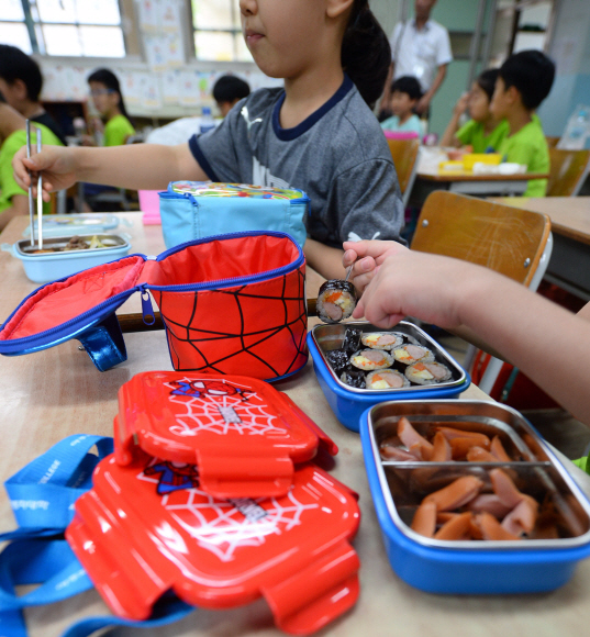 서울지역 학교비정규직노동자들이 총파업에 들어가 일부 학교 급식이 중단된 23일 서울 시내 한 초등학교 교실에서 학생이 급식을 대신해 집에서 싸온 도시락을 먹고 있다. 박윤슬 기자 seul@seoul.co.kr