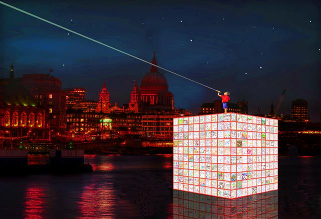 런던 템스강에 띄워질 강익중의 작품 ‘집으로 가는 길’스케치, 한지등과 로봇으로 만들어진 크기11x10x10 m의 설치작품이다.
