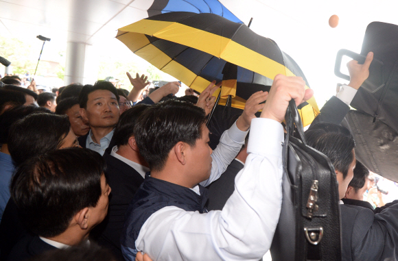 15일 오전 경북 성주군청을 방문한 황교안 국무총리와 한민구 국방부장관의 머리 위로 군민들이 던진 달걀이 지나가고 있다. 2016.7.15 도준석 기자 pado@seoul.co.kr
