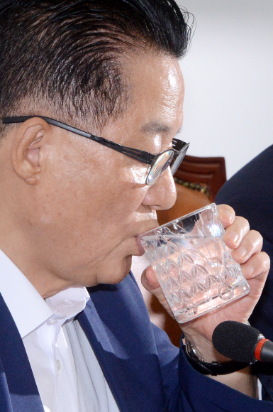국민의당 박지원 비대위원장이 22일 국회에서 열린 비대위원회의에서 물을 마시고 있다. 이종원 선임기자 jongwon@seoul.co.kr