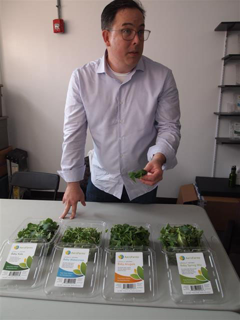 미국 뉴저지주 뉴왁의 ‘에어로팜’ 본사에서 이 회사 공동창업자인 마크 오시마 최고마케팅경영자(CMO)가 자신들이 직접 재배해 판매하는 잎채소 상품들을 보여 주고 있다.