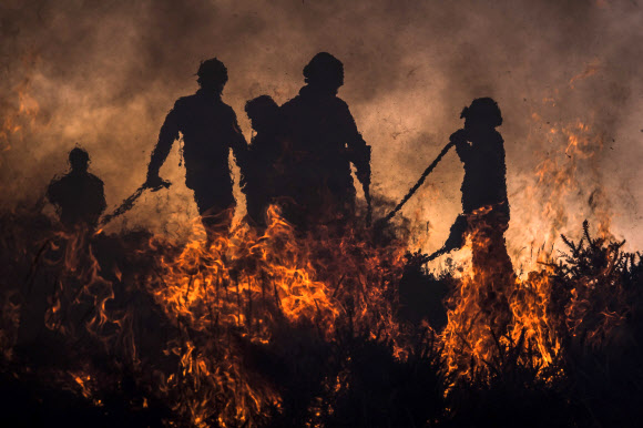 소방관들이 6일(현지시간) 포르투갈 북부 소아주 마을에 발생한 화재를 진압하기 위해 사투를 벌이고 있다. EPA 연합뉴스