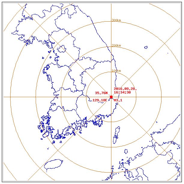28일 오후 4시 34분 경북 경주시 남남서쪽 9km 지역에서 규모 3.1의 지진이 발생했다. 기상청은 9월 12일 발생한 규모 5.8 경주지진의 여진이라고 밝혔다. 기상청 제공