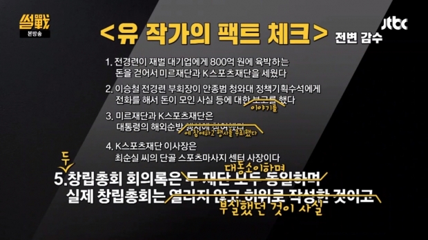 ‘썰전’ 미르·K스포츠-청와대 유착 의혹에 대한 유시민의 팩트체크.<br>JTBC