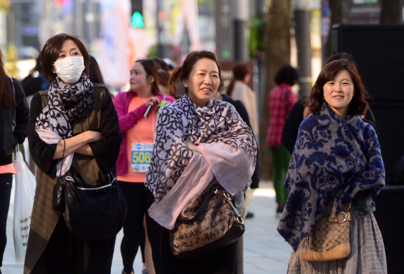 올 가을 들어 가장 추운 날씨를 보인 9일 서울 중구 태평로에서 시민들이 두터운 옷을 입고 걸어가고 있다.   정연호 기자 tpgod@seoul.co.kr