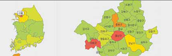 10일 오피넷의 국내 유가지도 캡처사진. 서울 구로구와 용산구가 기름값이 가장 비싼 지역을 의미하는 빨간색으로 표시돼 있다.