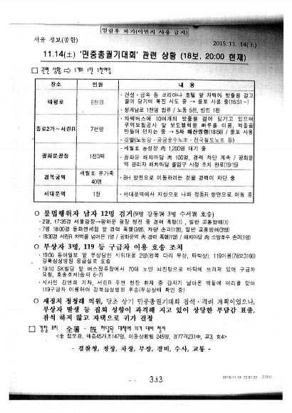 고(故) 백남기씨가 경찰 물대포에 맞아 쓰러진 작년 11월14일 1차 ’민중총궐기’ 집회 당시 경찰 정보부서에서 작성해 전파한 상황속보.  민중의소리 제공=연합뉴스