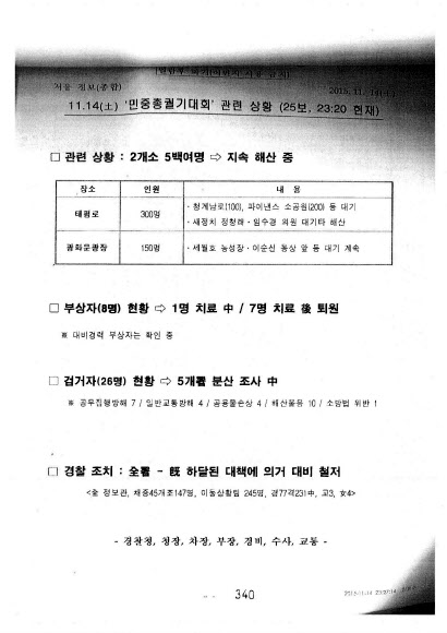 고(故) 백남기씨가 경찰 물대포에 맞아 쓰러진 작년 11월14일 1차 ’민중총궐기’ 집회 당시 경찰 정보부서에서 작성해 전파한 상황속보.  민중의소리 제공=연합뉴스