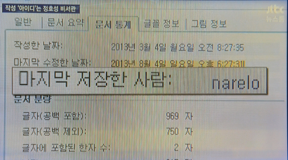 26일 JTBC는 비선 실세 의혹을 받는 최순실씨가 박근혜 대통령의 연설자료 등을 보고받은 태블릿 PC에서 발견된 문서의 작성자 아이디 ‘narelo’가 ‘문고리 3인방’이라 불리는 정호성 청와대 부속비서관의 아이디로 확인됐다고 보도했다. JTBC 캡처