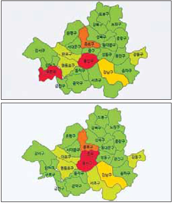 서울 구로구가 기름값이 가장 비싼 지역으로 표시된 잘못된 유가지도(위)와 전산 오류를 바로잡아 수정된 유가지도(아래). 빨간색에 가까울수록 기름값이 비싼 지역이다. 오피넷 홈페이지 캡처