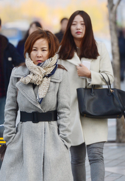 8일 서울 광화문사거리에서 추위 때문에 두툼한 옷을 껴입은 시민들이 횡단보도를 건너고 있다. 2016. 11. 8 정연호 기자 tpgod@seoul.co.kr