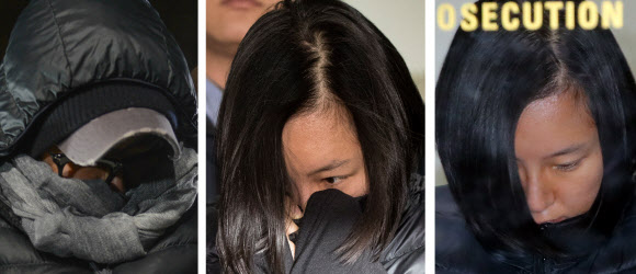 ’비선실세’ 최순실씨의 조카인 장시호 씨가 지난 18일 긴급체포된 뒤 검찰의 조사를 통해 21일 구속 전 피의자심문(영장실질심사)을 받을 예정이다. 왼쪽부터 지난 19일 새벽, 20일 새벽, 21일 새벽 서울 서초동 서울중앙지검에서 조사를 마친 뒤 검찰을 나서 구치소로 향하는 장 씨의 모습. 조금씩 얼굴을 드러내고 있다.  연합뉴스