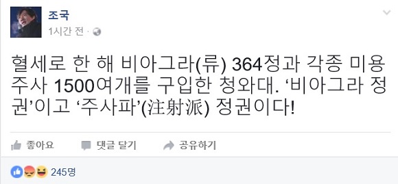 조국 교수 “비아그라 정권” 맹비난. 출처=조국 교수 페이스북 캡처