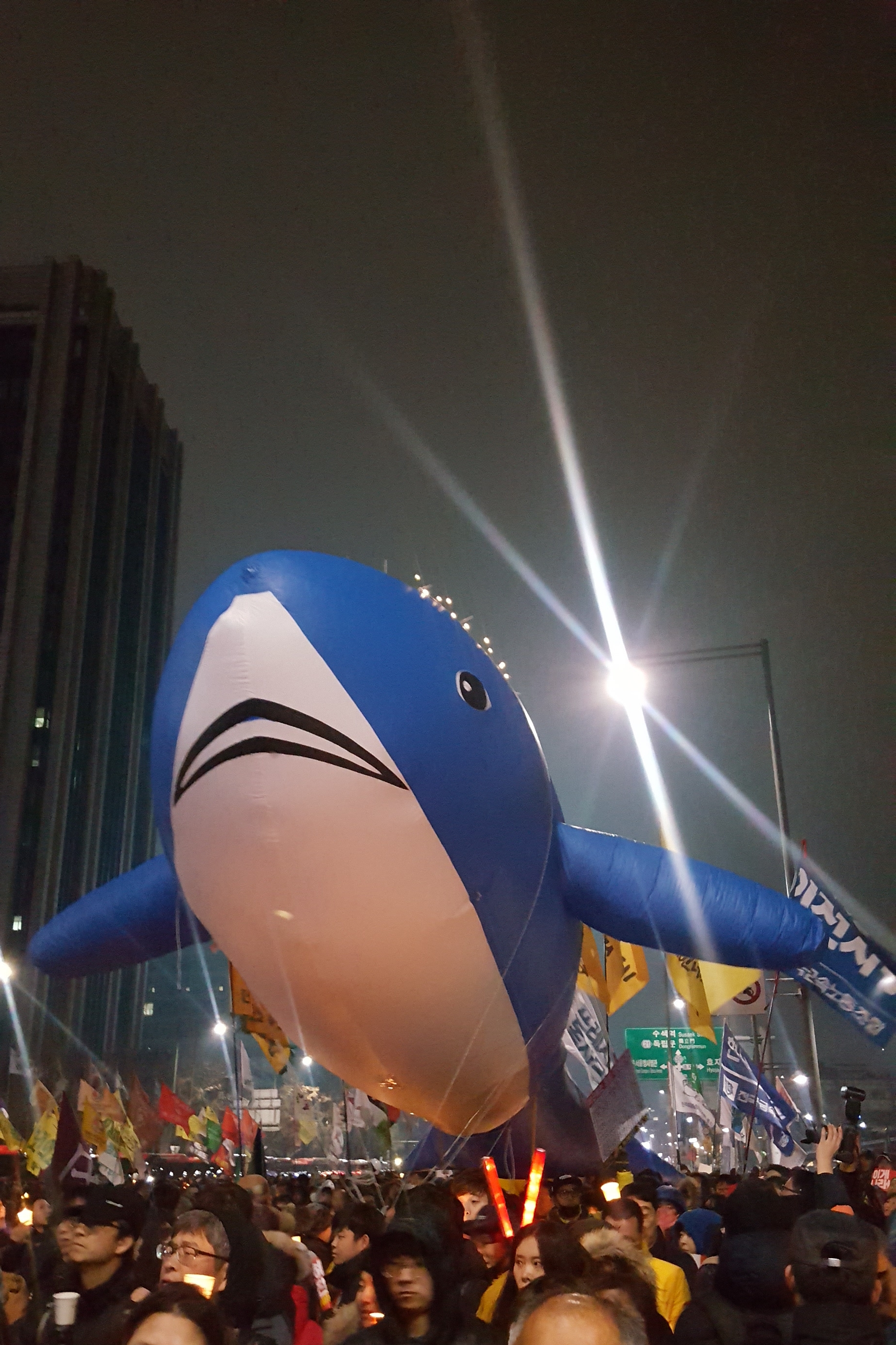26일 저녁 서울 광화문광장 일대에서 제5차 촛불집회가 열린 가운데 세월호 참사 아이들을 상징하는 푸른 고래가 시위대를 수호하듯 시위대 아래 떠 있다. 고래 풍선은 세월호 참사 유가족들이 마련한 것이다. 김희리 기자 hitit@seoul.co.kr