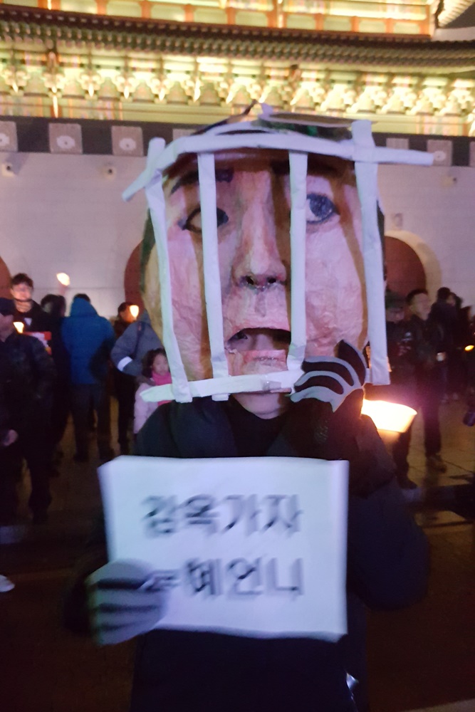26일 오후 서울 광화문 광장 일대에서 박근혜 대통령 퇴진을 요구하는 제5차 촛불집회가 열린 가운데 투옥된 박 대통령의 모습으로 분장한 한 시민이 “감옥가자, 근혜언니”라고 쓴 피켓을 들고 시위에 참여하고 있다.   김희리 기자 hitit@seoul.co.kr
