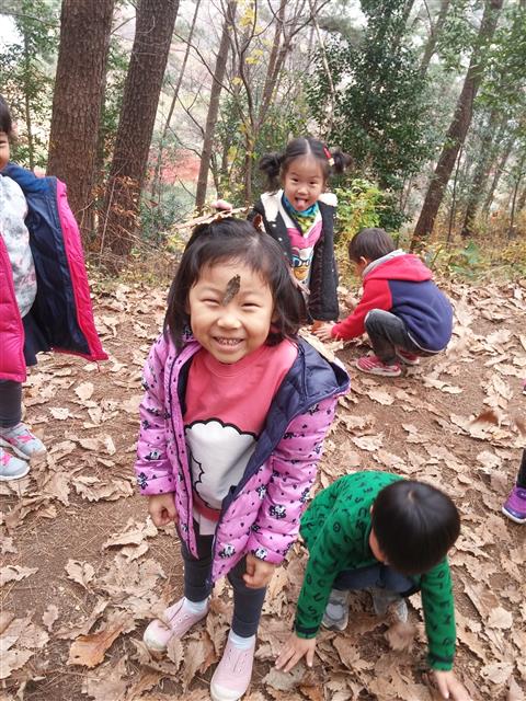 전남 광양시 옥룡면 백운산자연휴양림에 있는 숲 유치원에 참여한 유치원 어린이들이 자연과 함께하는 각종 놀이를 하면서 즐거워하고 있다. 숲 유치원은 숲 해설가의 안내로 아이들이 마음껏 뛰며 만지고 느끼며 스스로 배우는 자연체험장이다.<br>광양시 제공