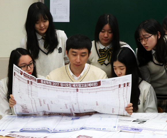 2017학년도 대학수학능력시험 성적표 배부일인 7일 오전 경기도 수원시 팔달구 영복여자고등학교에서 3학년 학생들이 선생님과 정시모집 배치참고표를 보며 입시 전략을 세우고 있다.  연합뉴스