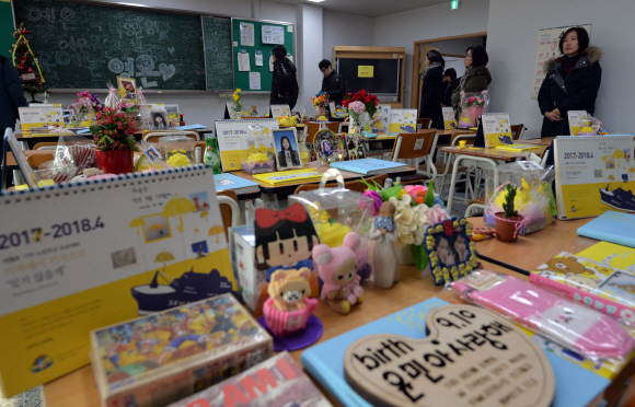 희생 학생들의 책상에 유가족, 친구, 방문객들이 남긴 편지, 꽃다발, 과자 등이 빼곡히 놓여 있다. 박지환 기자 popocar@seoul.co.kr