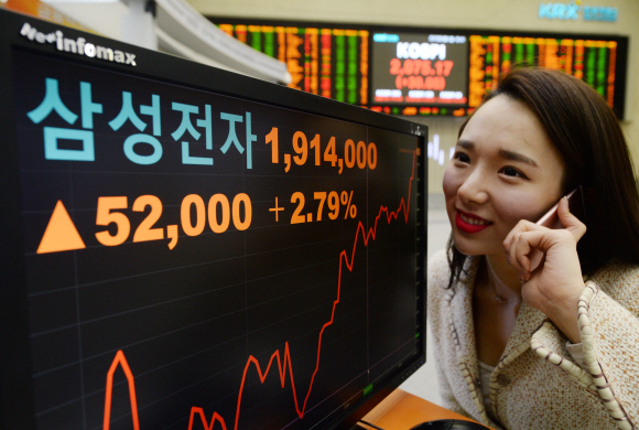 11일 서울 여의도 한국거래소에서 한 직원이 모니터 앞에서 전화통화를 하고 있다. 이날 삼성전자는 5만2000원(2.79%) 오른 191만4000원에 마감해 사상최고가를 경신했다. 코스피는 삼성전자 효과에 2070를 돌파해1년6개월여 만에 최고치를 기록했다. 2017. 1. 11. 박윤슬 기자 seul@seoul.co.kr