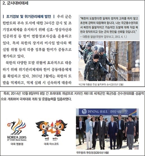 2014 국방백서의 박근혜 대통령 사진(위)과 2016 국방백서의 황교안 대통령 권한대행 사진(아래).