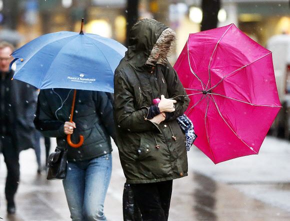 한 여성이 13일(현지시간) 독일 프랑크푸르트 시내를 걷다가 강풍에 우산이 뒤집어져 당황하고 있다. AP 연합뉴스