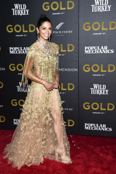모델 카밀라 알베스가 17일(현지시간) 미국 뉴욕의 AMC 로우즈 링컨 스퀘어에서 열린 영화 ‘골드’의 시사회에 참석했다.<br>AP 연합뉴스