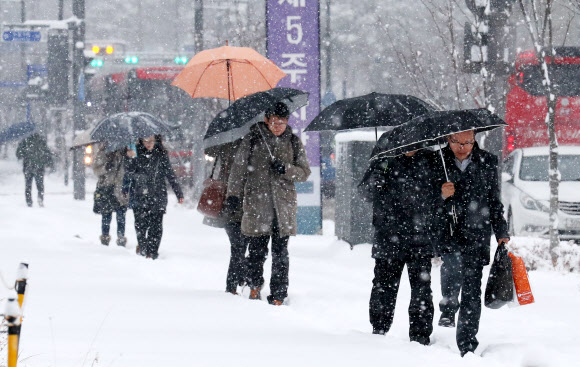 중부지방에 대설특보가 내려진 20일 오전 정부세종청사 직원들이 눈을 맞으며 출근하고 있다. 연합뉴스