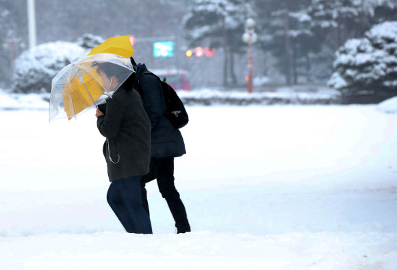 전국적으로 눈이 내린 20일 오전 국회에서 직원들이 우산을 쓰고 눈길을 지나고 있다. 연합뉴스