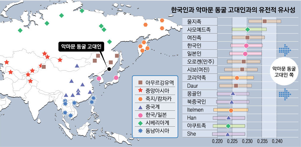 미토콘드리아 DNA 게놈을 분석한 표. 막대의 색깔은 종족별 거주 지역을 표시하는 것이며 막대에 찍힌 점의 위치가 비슷할수록 가까운 종족이라는 것을 의미한다. 한국인과 몽골인의 외모는 비슷해 유전적으로도 가깝다고 생각되지만 한국인은 일본인과 유전적으로 가장 가깝고 북극지역에 사는 사모예드족이나 만주족, 여진족이 몽골인보다 유전적으로 더 가깝다는 것을 알 수 있다. 또 표에 따르면 거주지역과 유전적 연관성은 일치하지 않는다는 것을 알 수 있다.