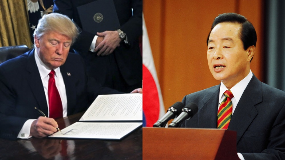 행정명령서에 서명하는 도널드 트럼프(왼쪽) 미국 대통령과 긴급명령을 발표하는 김영삼 전 대통령