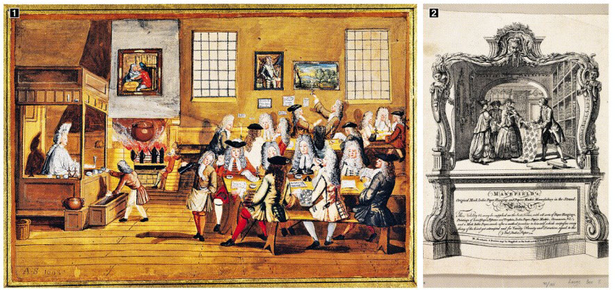 ① 커피 하우스는 영국 계몽주의 운동을 상업적, 예술적, 문화적으로 꽃피우는 데 어떤 물리적 공간보다 큰 역할을 했다. 그림은 17세기에 등장한 런던 커피 하우스의 내부. ② 17세기 영국 런던에 등장한 호화로운 인테리어의 상점들은 사람들에게 상점을 둘러보는 행위 자체의 즐거움을 일깨우며 산업혁명을 일으키는 데 기여했다. 사진은 1758년 런던 한 상점의 명함. 프런티어 제공