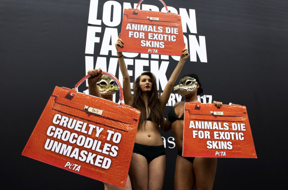 동물보호단체 페타(PeTA)의 활동가들이 17일(현지시간) 영국 런던에서 열리고 있는 런던 패션위크 현장을 방문해 악어 얼굴탈을 쓰고 악어가죽 사용에 반대하는 시위를 벌이고 있다. EPA 연합뉴스