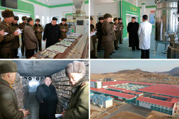 북한 김정은 노동당 위원장이 최근 현대화 공사를 거친 삼천메기공장을 간부들과 시찰하는 모습. 노동신문에 21일 공개된 시찰 사진에서 김정은은 환하게 웃으며 공장을 둘러보고 있다. 김정은은 이복형 김정남이 말레이시아에서 피살된 후 첫 공개 활동이었던 지난 15일 광명성절(김정일 국방위원장 생일) 75돌 기념 중앙보고대회 참석 당시에는 어둡고 굳은 표정이 뚜렷했다.  연합뉴스