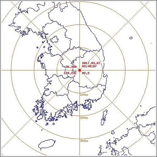 7일 오전 3시 48분쯤 경북 구미서 규모 2.2 지진이 발생했다. 자료제공=기상청