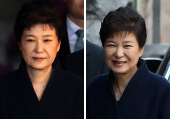 박근혜 전 대통령이 검찰 조사를 마치고 나오는 모습(왼쪽)과 삼성동 자택 앞에서 측근들에게 웃는 모습.