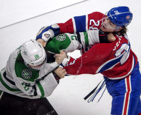 서로 멱살잡이 하는 아이스하키 선수들