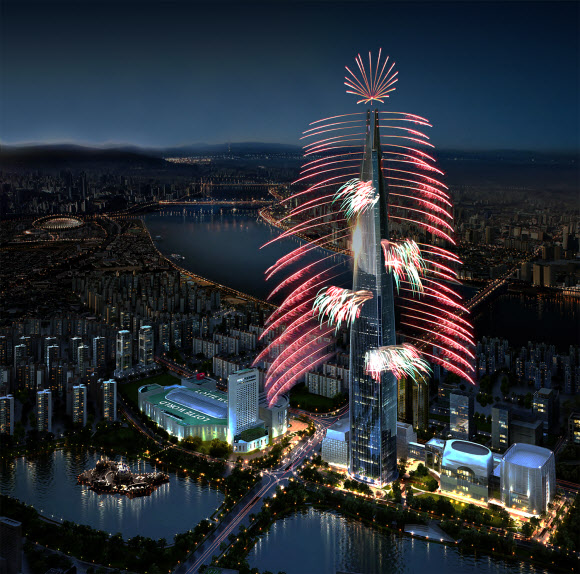 국내에서 가장 높은 건물인 서울 잠실 롯데월드타워가 3일 개장에 앞서 2일 오후 9시부터 11분 동안 분당 4억원짜리 불꽃쇼를 선보였다. 사진은 불꽃쇼 시안. 롯데물산 제공