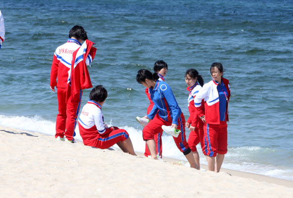 망중한 즐기는 북한 선수들