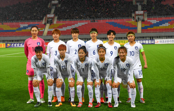 김일성경기장에서 기념촬영하는 여자축구대표팀