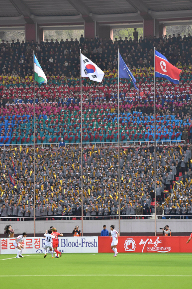 27년 만에 남북 축구 대결이 펼쳐진 김일성경기장에 태극기와 인공기가 나란히 펄럭이고 있다. 평양 사진공동취재단