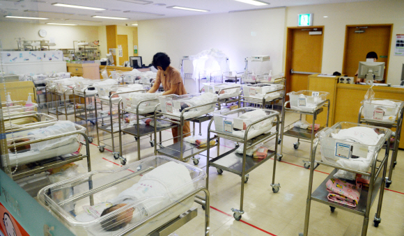 제일병원 신생아실에서 간호사들이 신생아들을 돌보고 있다.