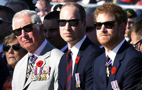 영국의 찰스 왕세자와 윌리엄 왕세손, 해리 왕자(왼쪽부터)가 9일(현지시간) 프랑스 비미에서 열린 1차 세계대전 전승 100주년 기념식에 참석하고 있다. AP 연합뉴스