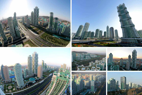 북한이 지난 13일 김정은 노동당 위원장이 참석한 가운데 여명거리 준공식을 했다고 노동신문이 14일 보도했다. 여명거리는 부지면적이 90여 정보(89만여 ㎡)이고, 연건축면적이 172만 8천여㎡에 달하며 초고층 빌딩이 즐비하게 들어서 평양의 스카이라인을 바꿀 신도시에 해당한다. 연합뉴스