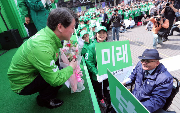 안철수 후보가 18일 오후 대구 동성로 대구백화점 앞에서 유세를 가졌다. 안 후보가 휠체어를 탄 한 노인으로부터 꽃다발을 선물받은 뒤 이야기하고 있다.  강성남 선임기자 snk@seoul.co.kr