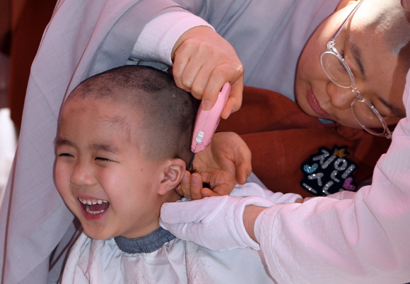19일 서울 조계사에서 열린 동자승 단기출가 ’보리수’ 새싹학교 삭발수계식에서 동자승이 삭발을 하고 있다. 박지환 기자 popocar@seoul.co.kr