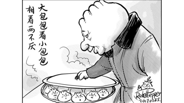 ‘변태고추’가 시진핑 주석의 지방 순시를 큰 만두와 작은 만두로 빗대 풍자한 만화.   BBC 중문망 사진 캡처 